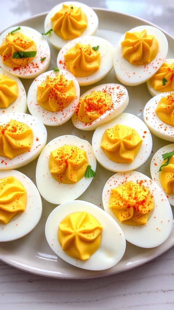 Classic Deviled Eggs Recipe A close-up of deviled eggs garnished with paprika and herbs on a white platter.